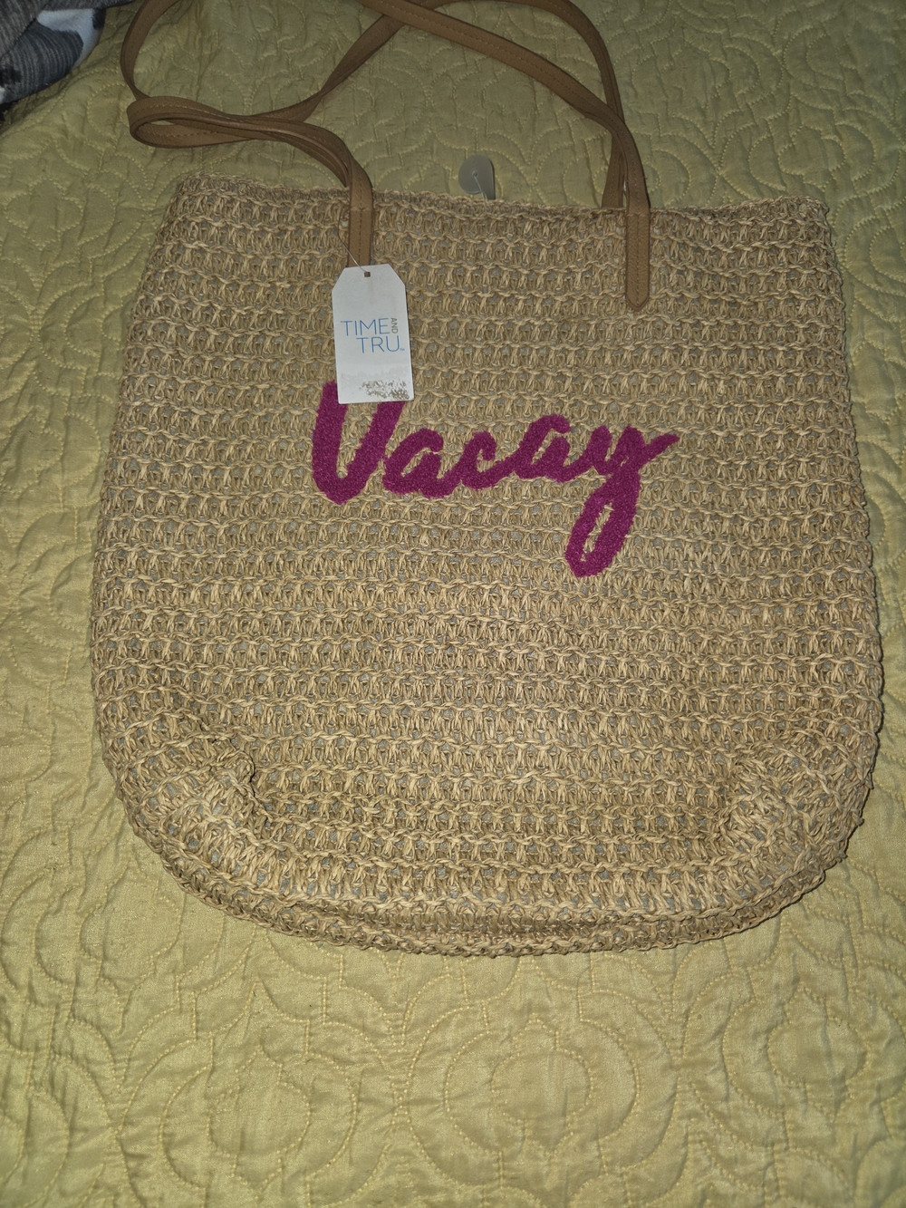 Time and Tru Natural Straw Tote with Pink "Vacay" Script